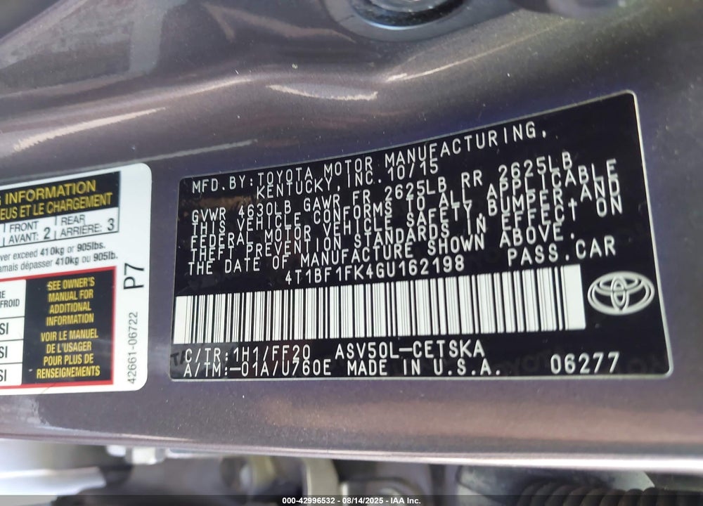 2016 TOYOTA CAMRY VIN: 4T1BF1FK4GU162198