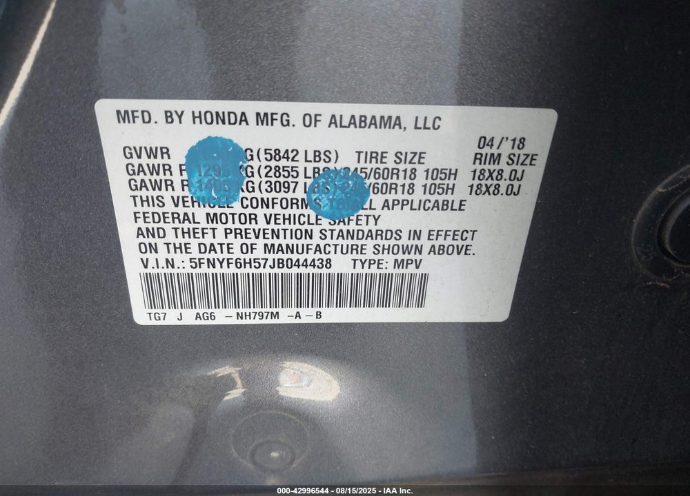 2018 HONDA PILOT VIN: 5FNYF6H57JB044438