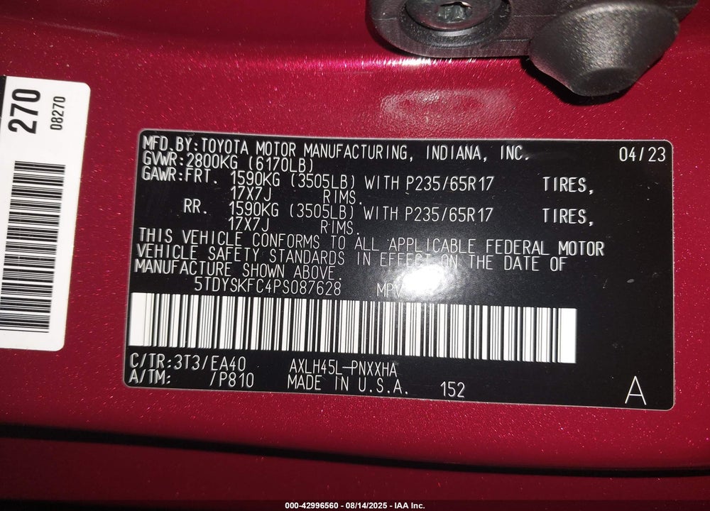 2023 TOYOTA SIENNA XLE VIN: 5TDYSKFC4PS087628