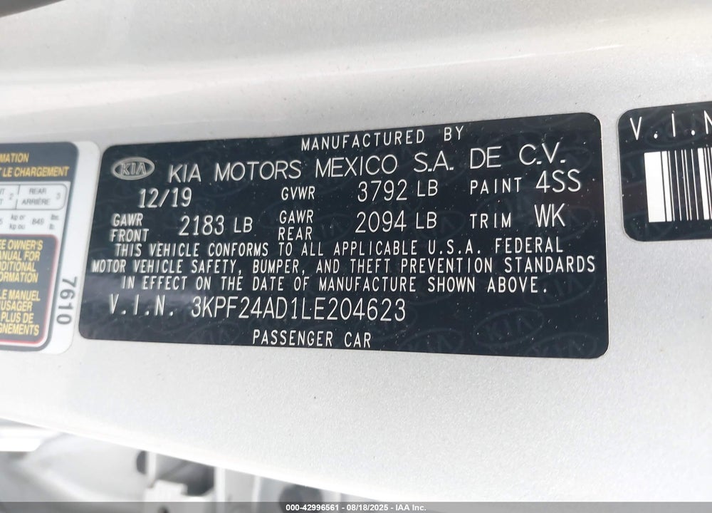 2020 KIA FORTE VIN: 3KPF24AD1LE204623