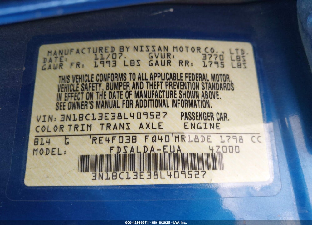 2008 NISSAN VERSA 1.8S VIN: 3N1BC13E38L409527