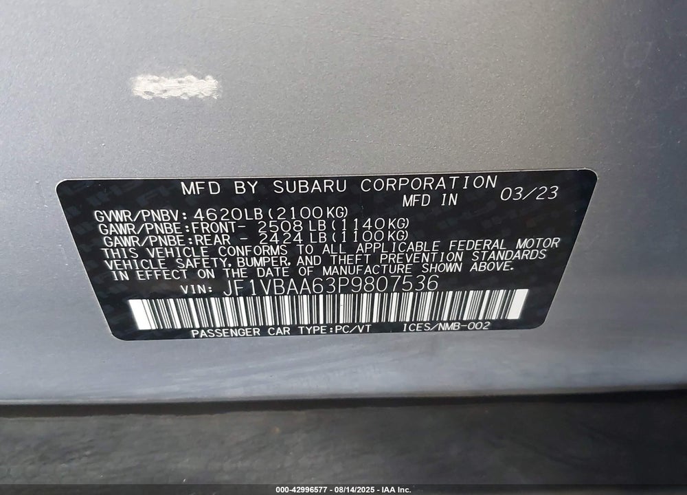 2023 SUBARU WRX VIN: JF1VBAA63P9807536