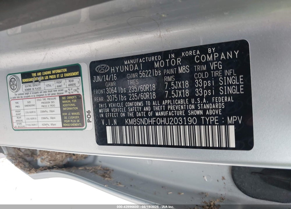 2017 HYUNDAI SANTA FE VIN: KM8SNDHF0HU203190