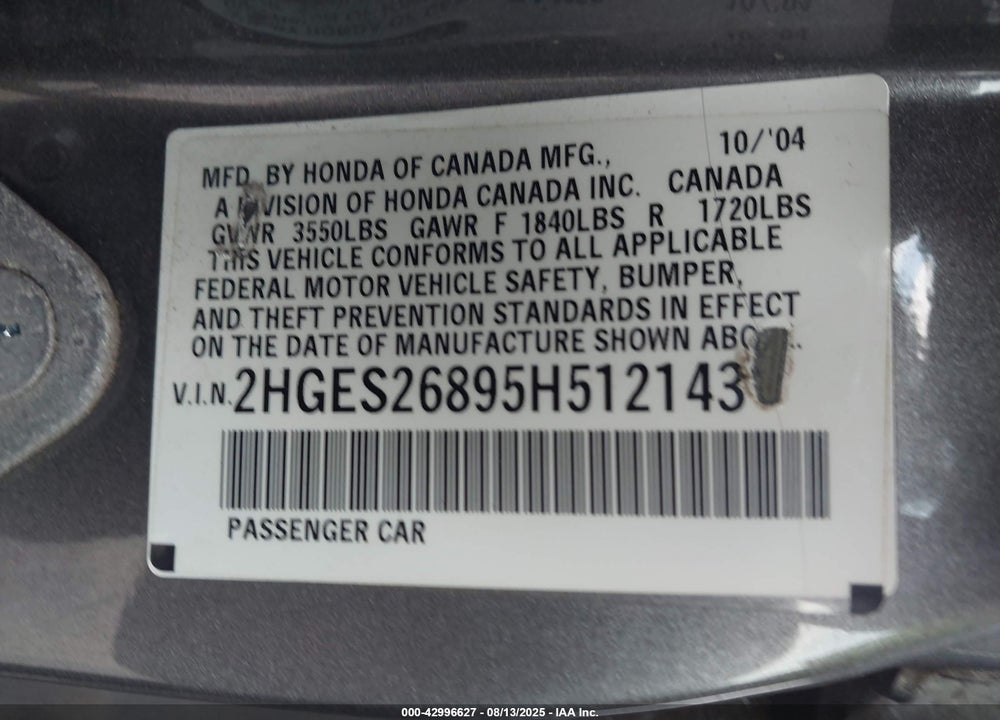 2005 HONDA CIVIC EX VIN: 2HGES26895H512143