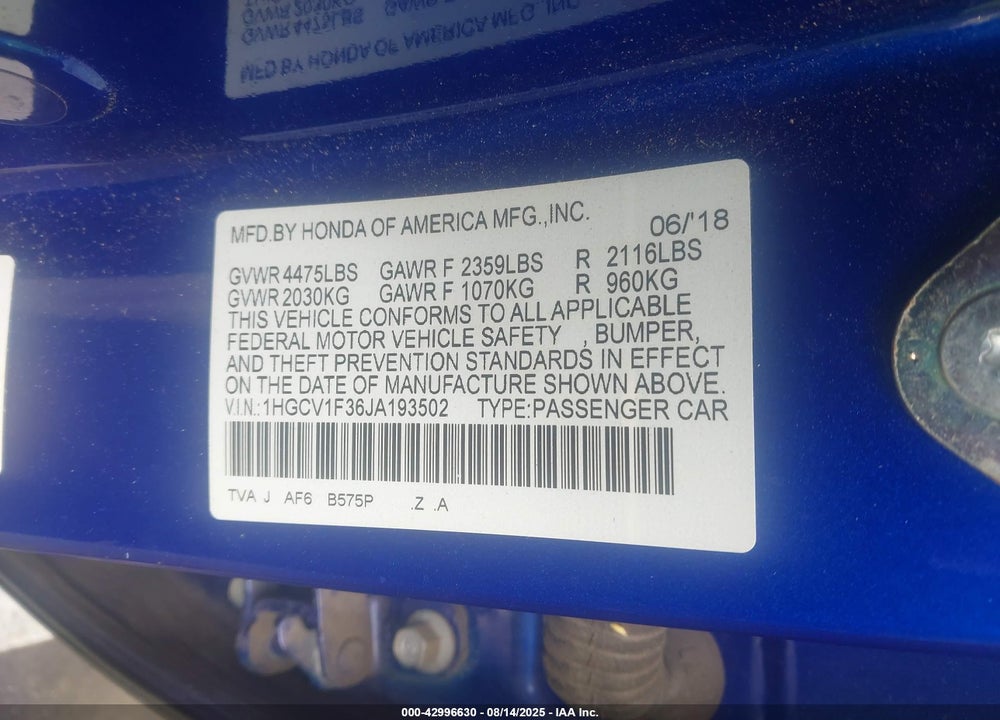 2018 HONDA ACCORD SPORT VIN: 1HGCV1F36JA193502
