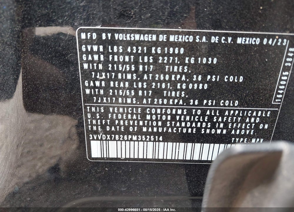 2023 VOLKSWAGEN TAOS 1.5T S VIN: 3VVDX7B26PM352514