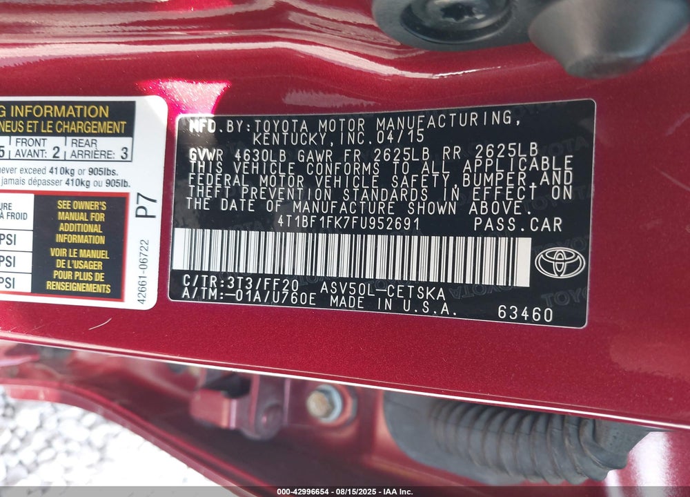 2015 TOYOTA CAMRY VIN: 4T1BF1FK7FU952691