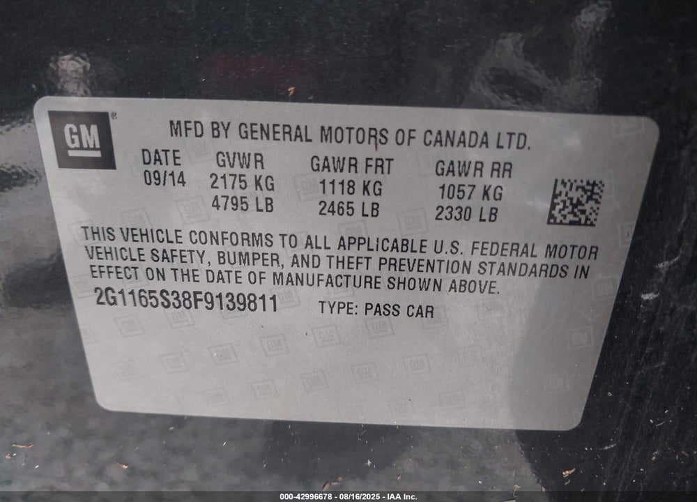 2015 CHEVROLET IMPALA VIN: 2G1165S38F9139811