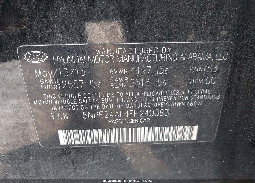 2015 HYUNDAI SONATA VIN: 5NPE24AF4FH240383