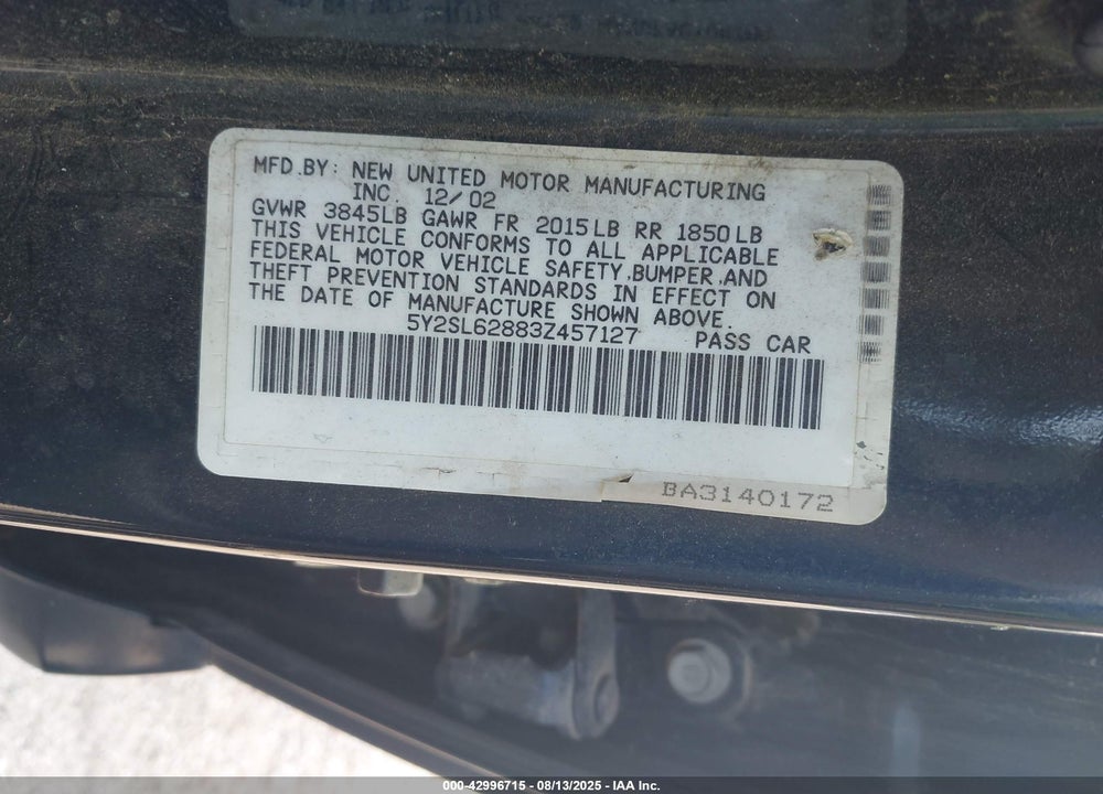 2003 PONTIAC VIBE VIN: 5Y2SL62883Z457127