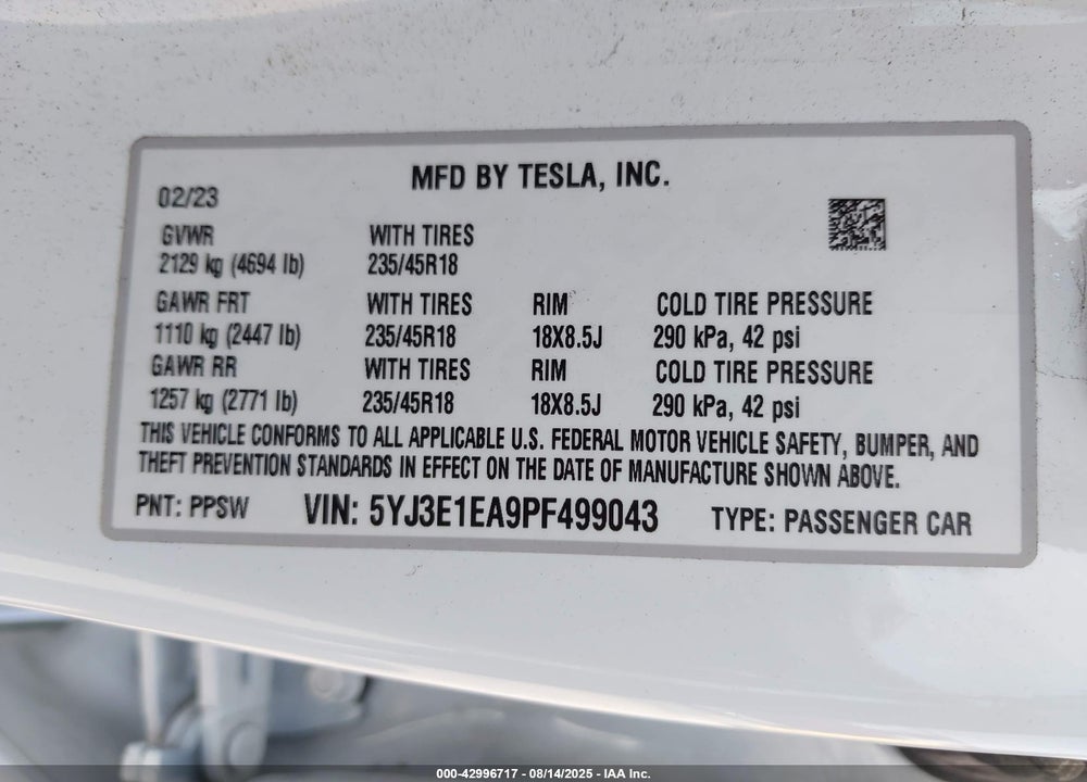 2023 TESLA MODEL 3 REAR-WHEEL DRIVE VIN: 5YJ3E1EA9PF499043