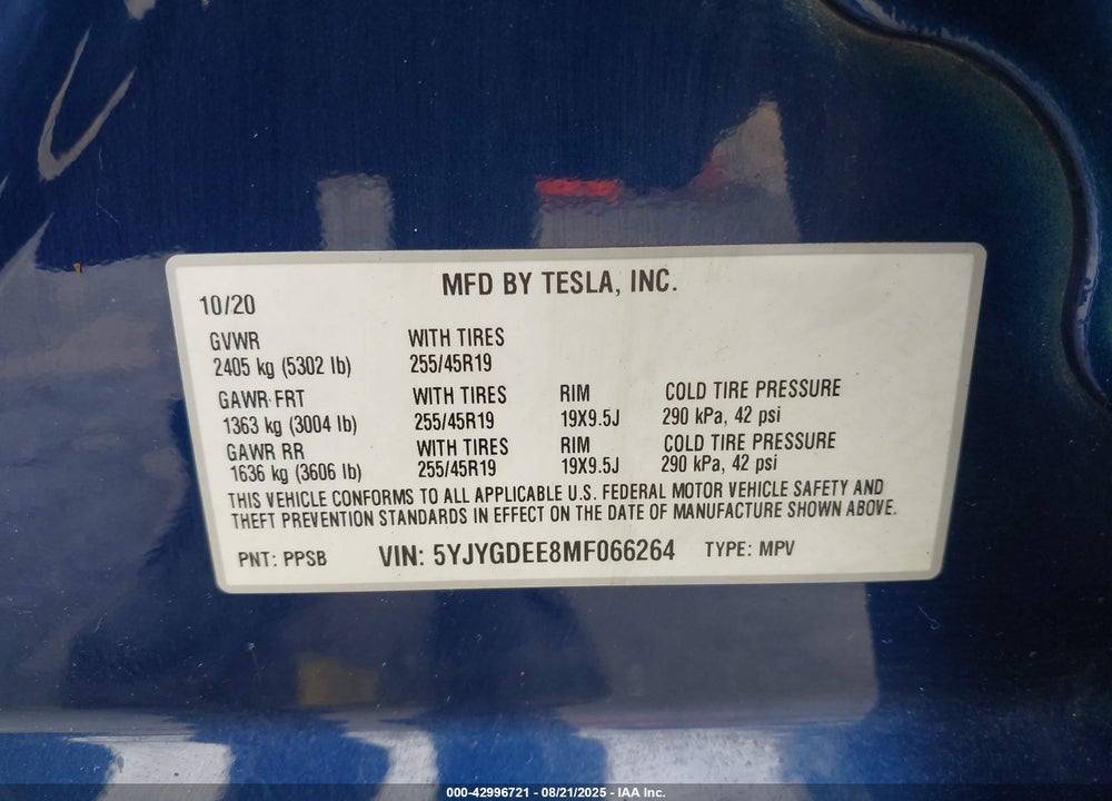 2021 TESLA MODEL Y VIN: 5YJYGDEE8MF066264