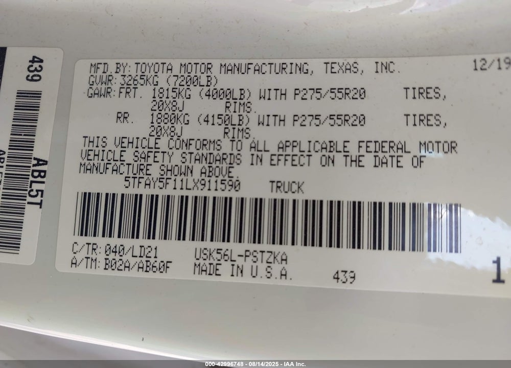 2020 TOYOTA TUNDRA VIN: 5TFAY5F11LX911590