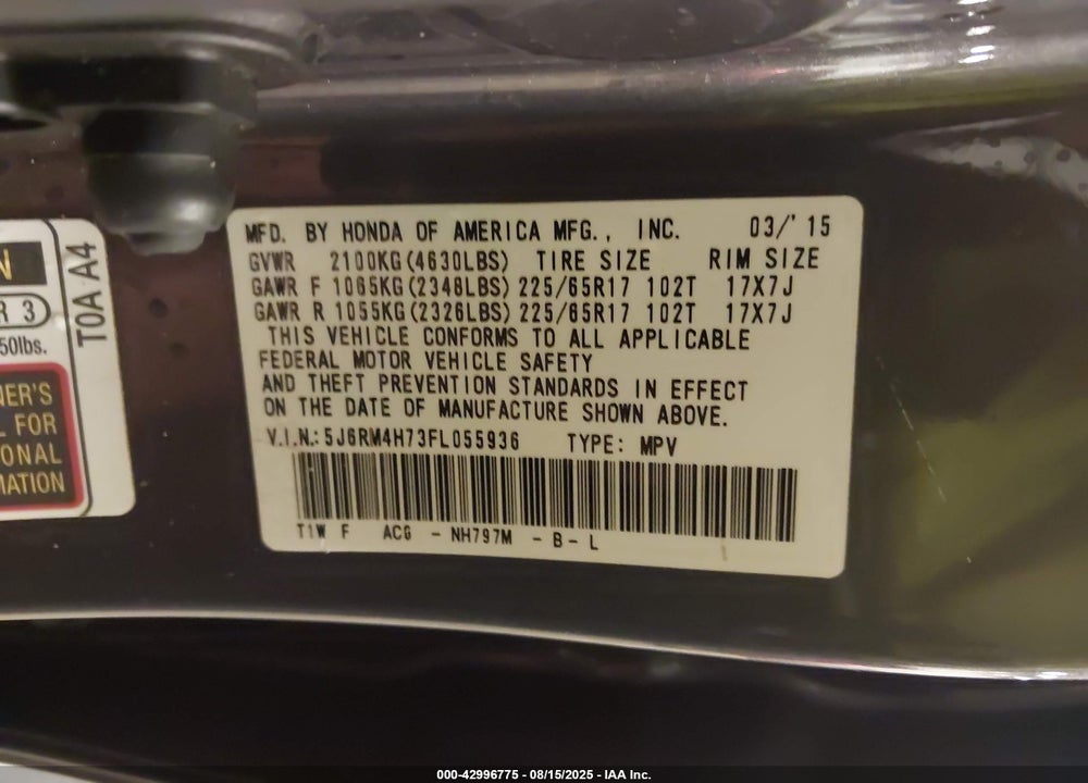 2015 HONDA CR-V VIN: 5J6RM4H73FL055936