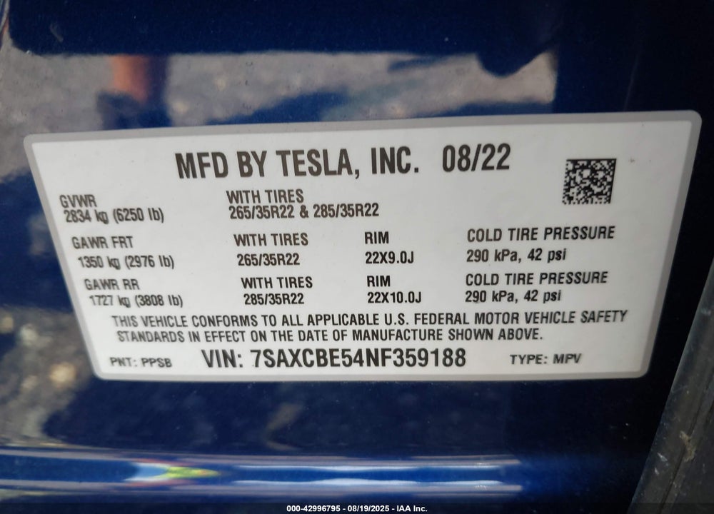 2022 TESLA MODEL X VIN: 7SAXCBE54NF359188