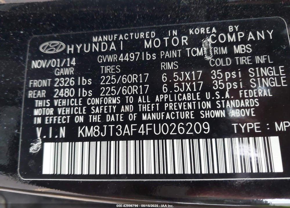 2015 HYUNDAI TUCSON VIN: KM8JT3AF4FU026209