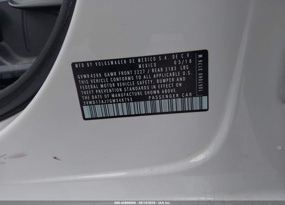 2016 VOLKSWAGEN JETTA VIN: 3VWD17AJ7GM348753