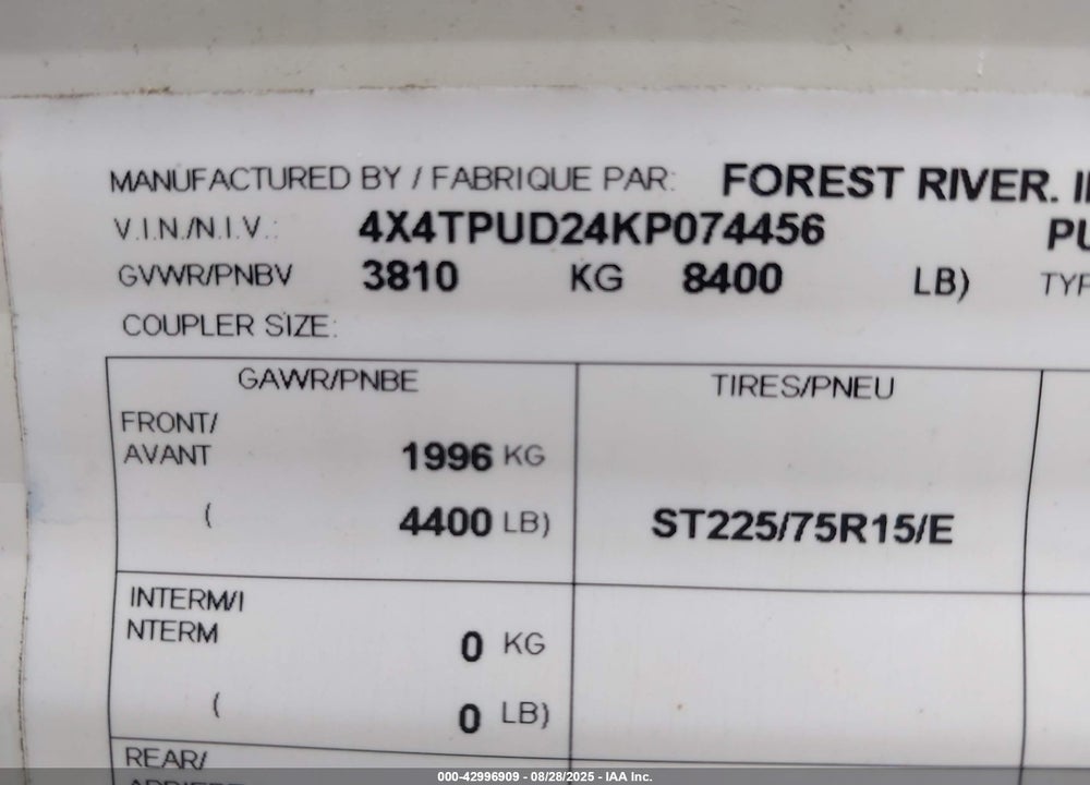 2019 PUMA PALA VIN: 4X4TPUD24KP074456