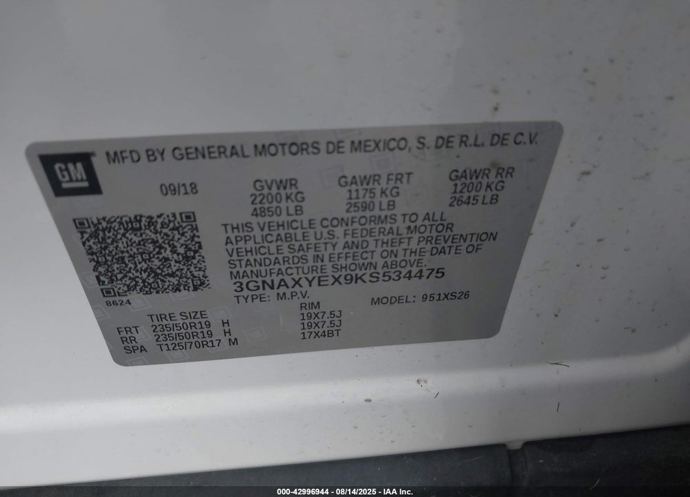 2019 CHEVROLET EQUINOX VIN: 3GNAXYEX9KS534475