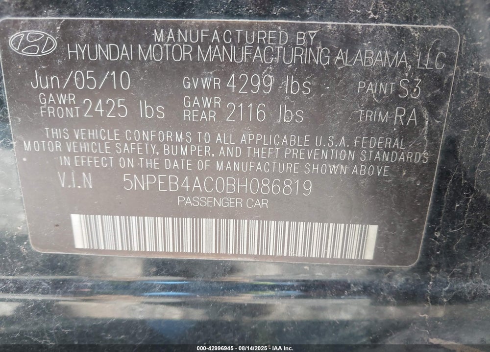 2011 HYUNDAI SONATA VIN: 5NPEB4AC0BH086819