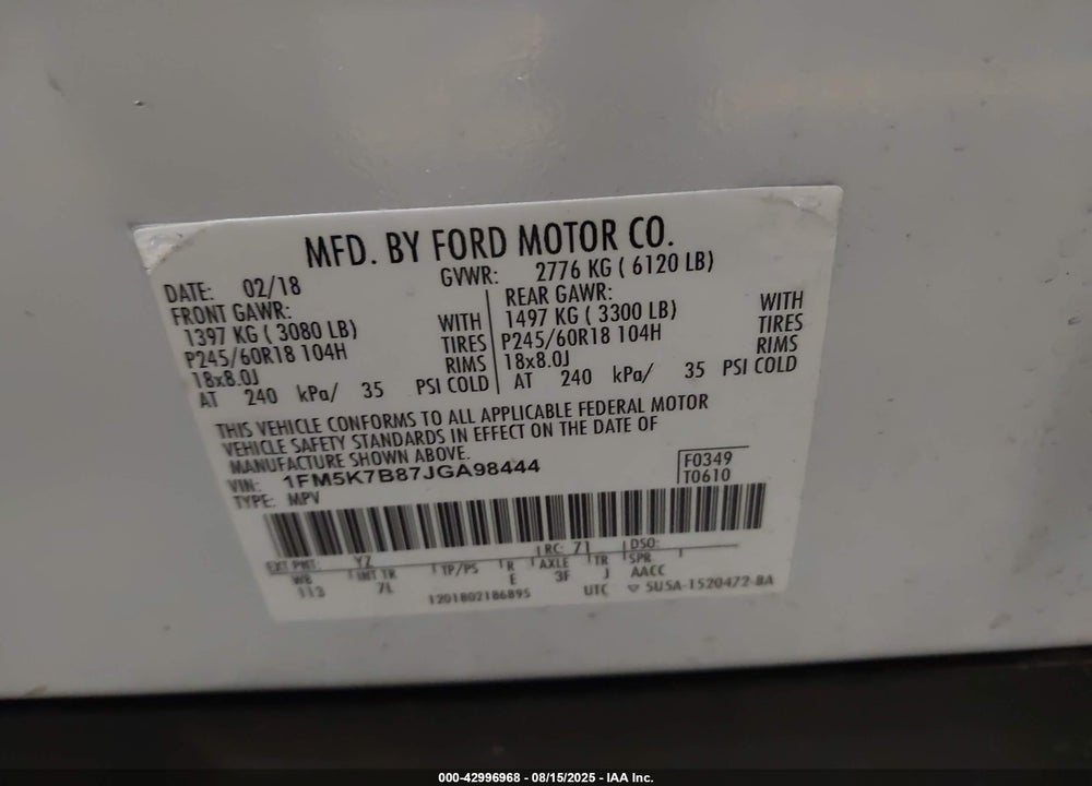 2018 FORD EXPLORER VIN: 1FM5K7B87JGA98444