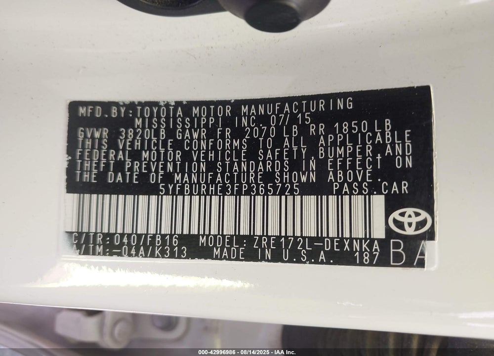 2015 TOYOTA COROLLA VIN: 5YFBURHE3FP365725