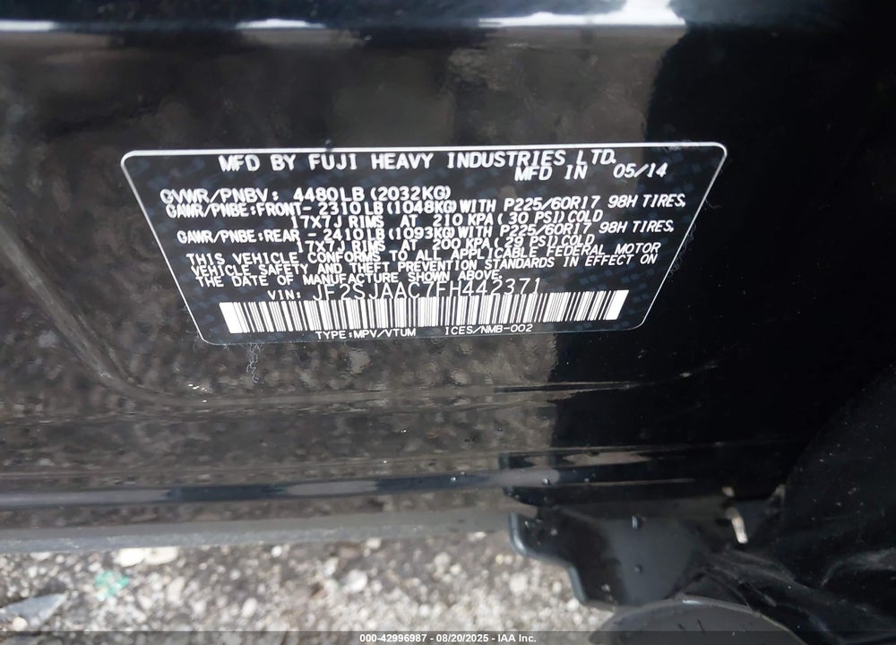 2015 SUBARU FORESTER 2.5I VIN: JF2SJAAC7FH442371