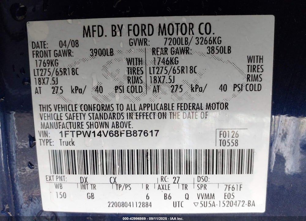 2008 FORD F-150 60TH ANNIVERSARY/FX4/KING RANCH/LARIAT/XLT VIN: 1FTPW14V68FB87617