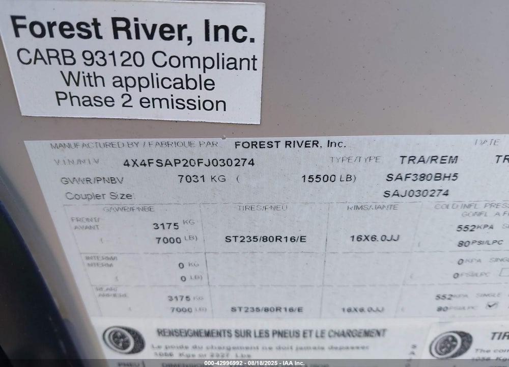 2015 FOREST RIVER SANDPIPER VIN: 4X4FSAP20FJ030274