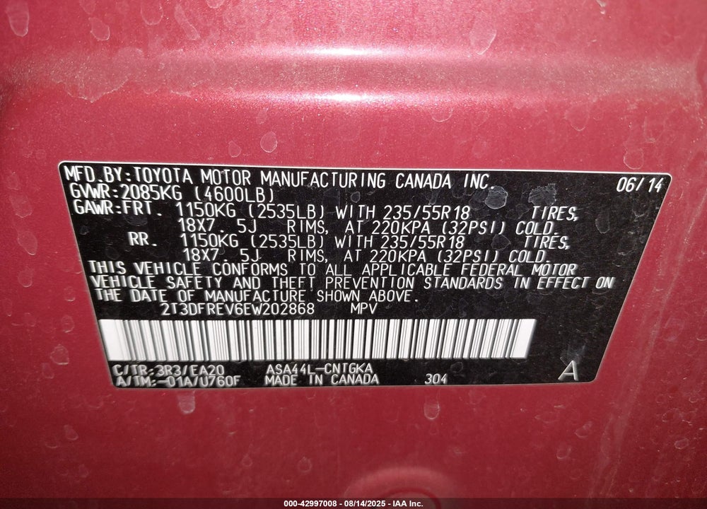 2014 TOYOTA RAV4 VIN: 2T3DFREV6EW202868