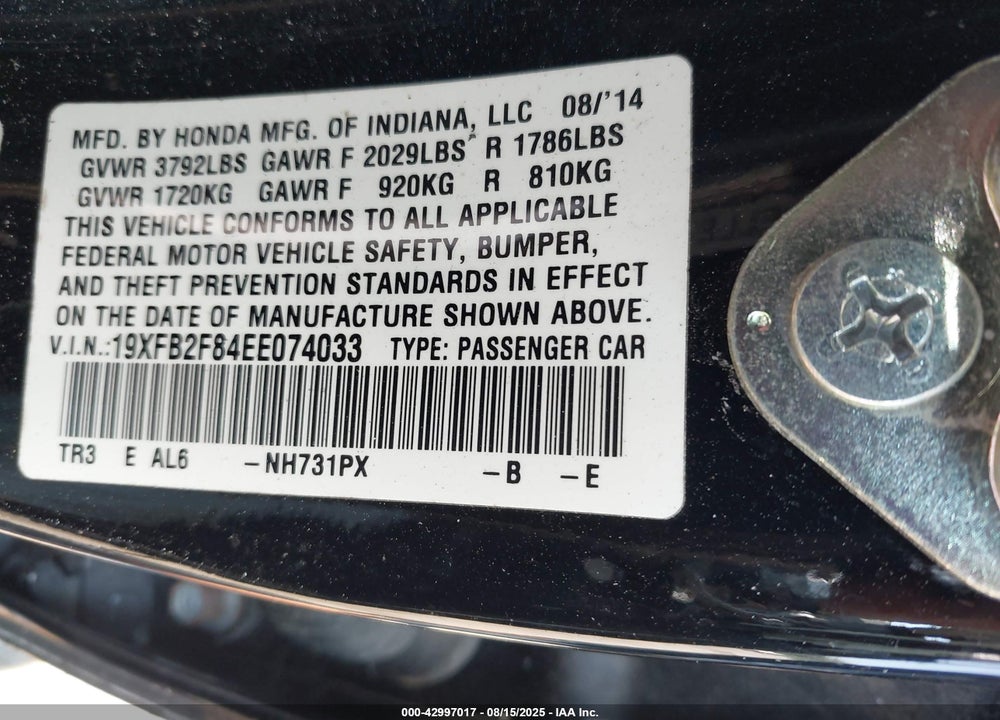 2014 HONDA CIVIC VIN: 19XFB2F84EE074033