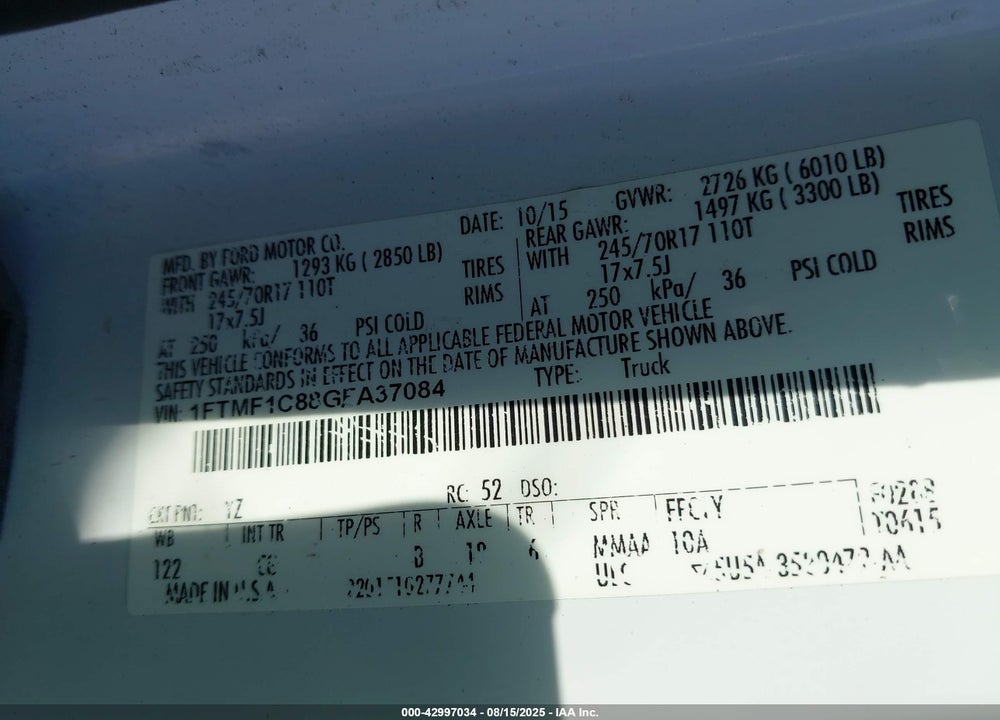 2016 FORD F-150 VIN: 1FTMF1C88GFA37084