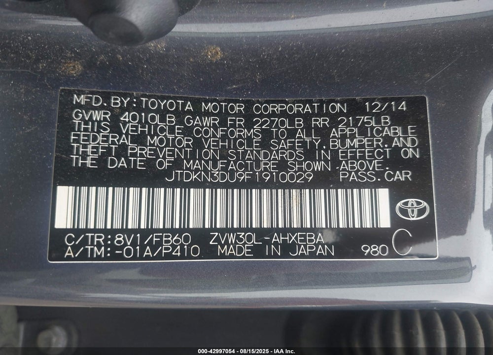 2015 TOYOTA PRIUS VIN: JTDKN3DU9F1910029