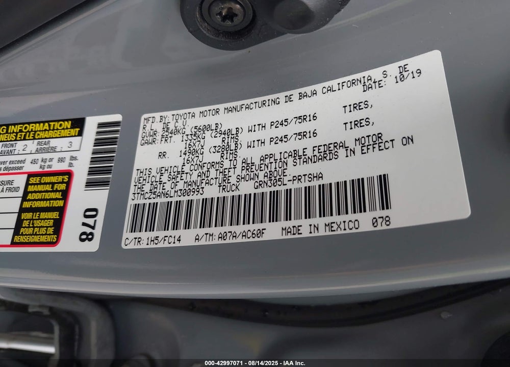 2020 TOYOTA TACOMA SR5 V6 VIN: 3TMCZ5AN6LM300993