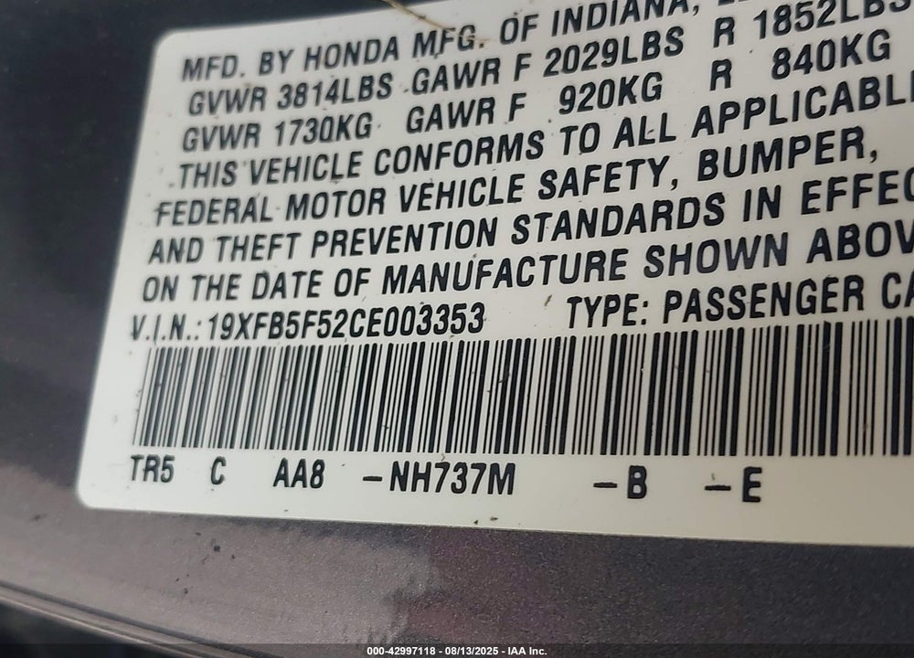 2012 HONDA CIVIC NATURAL GAS VIN: 19XFB5F52CE003353