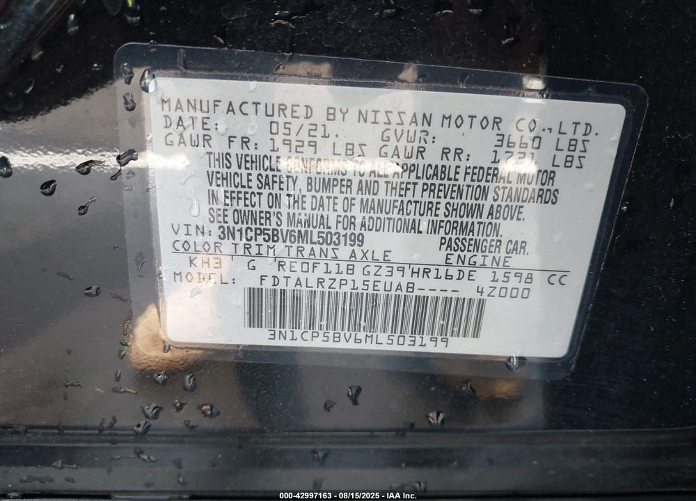 2021 NISSAN KICKS VIN: 3N1CP5BV6ML503199