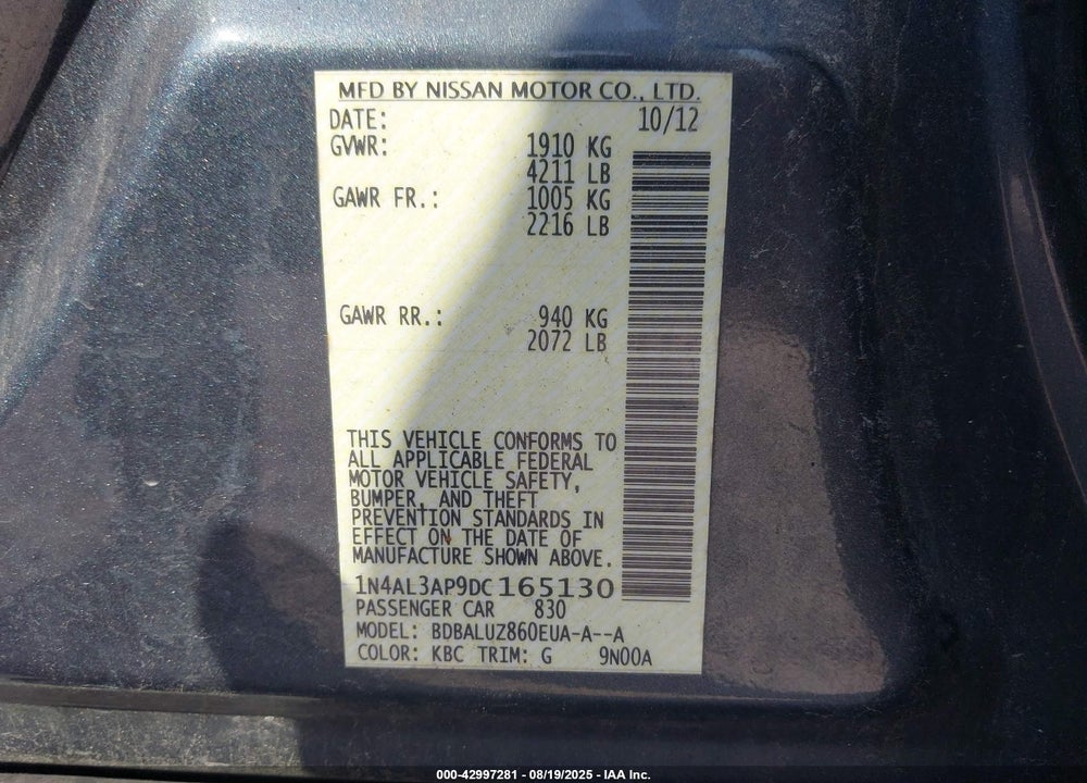 2013 NISSAN ALTIMA VIN: 1N4AL3AP9DC165130
