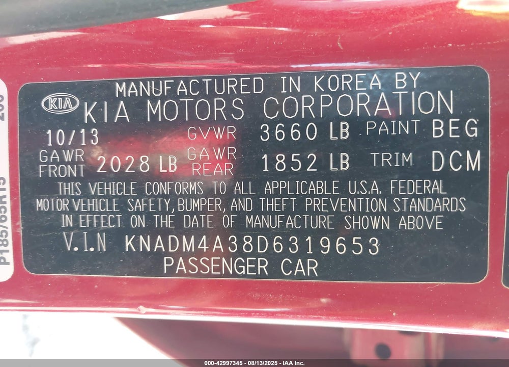 2013 KIA RIO VIN: KNADM4A38D6319653