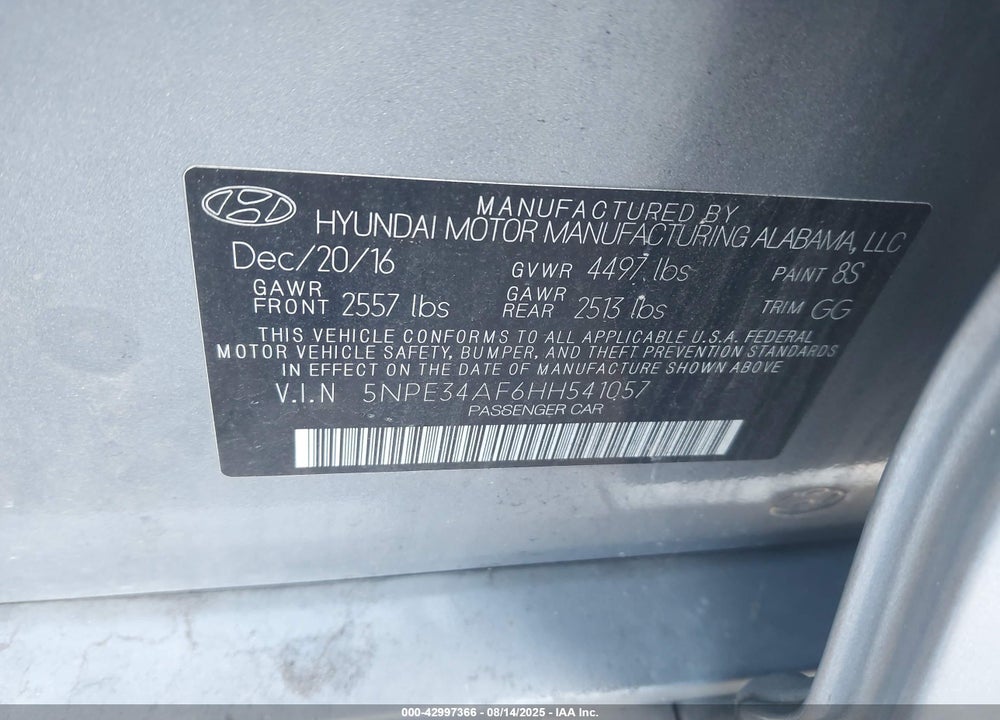 2017 HYUNDAI SONATA VIN: 5NPE34AF6HH541057