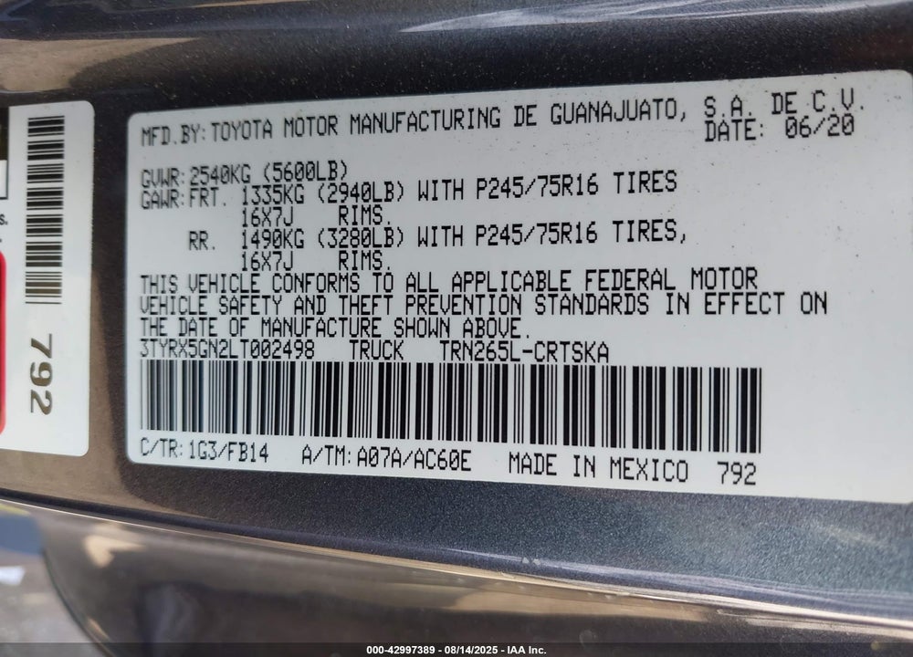 2020 TOYOTA TACOMA VIN: 3TYRX5GN2LT002498