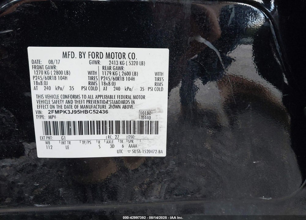 2017 FORD EDGE VIN: 2FMPK3J95HBC52436