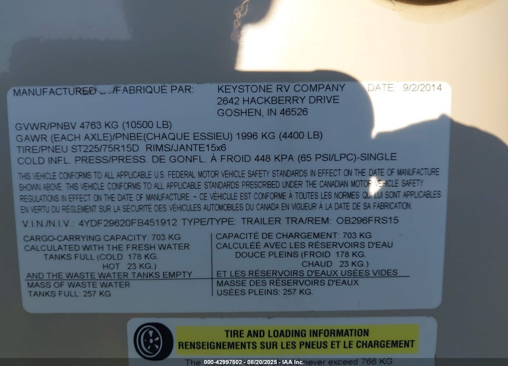 2015 KEYSTONE OUTBACK SUPER LITE 2 VIN: 4YDF29620FB451912