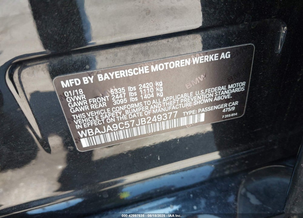 2018 BMW 5 SERIES VIN: WBAJA9C57JB249377
