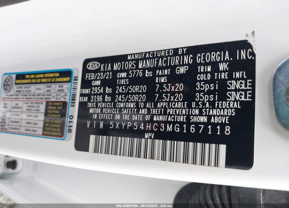 2021 KIA TELLURIDE SX VIN: 5XYP54HC3MG167118