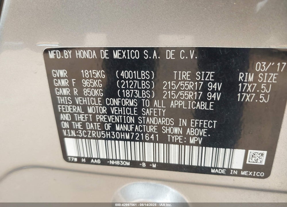 2017 HONDA HR-V VIN: 3CZRU5H30HM721641