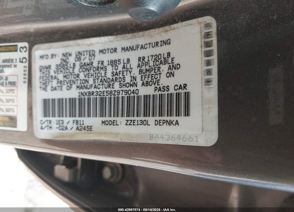 2008 TOYOTA COROLLA VIN: 1NXBR32E58Z979040