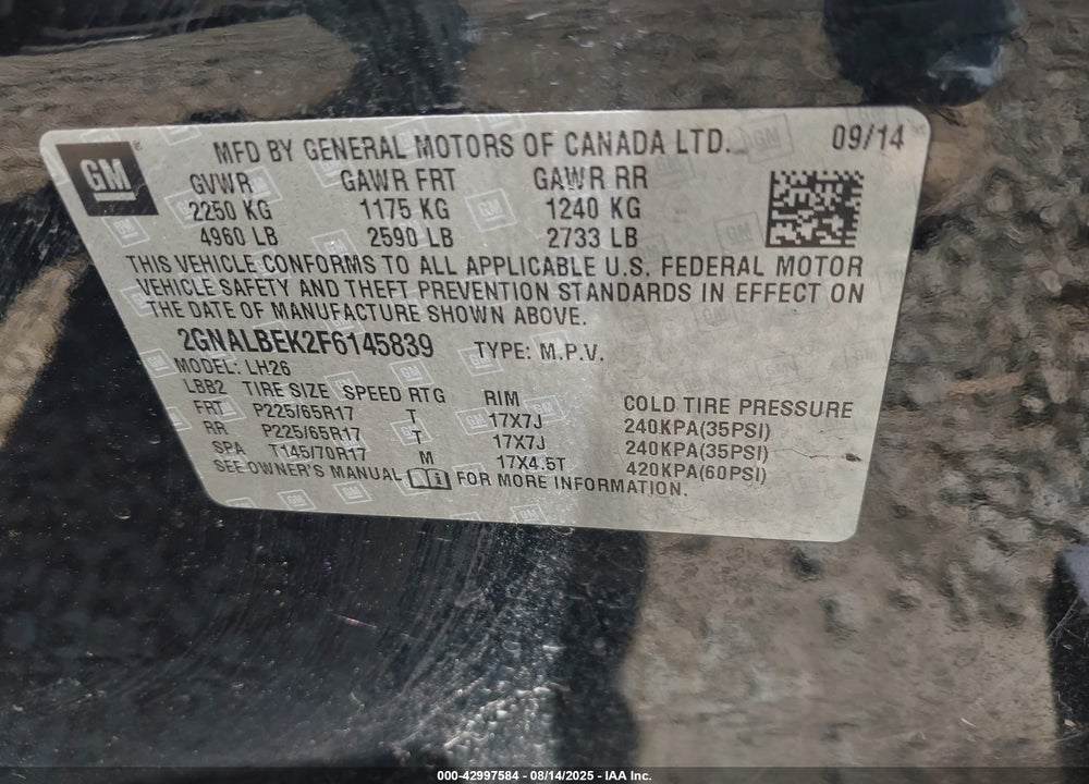 2015 CHEVROLET EQUINOX 1LT VIN: 2GNALBEK2F6145839