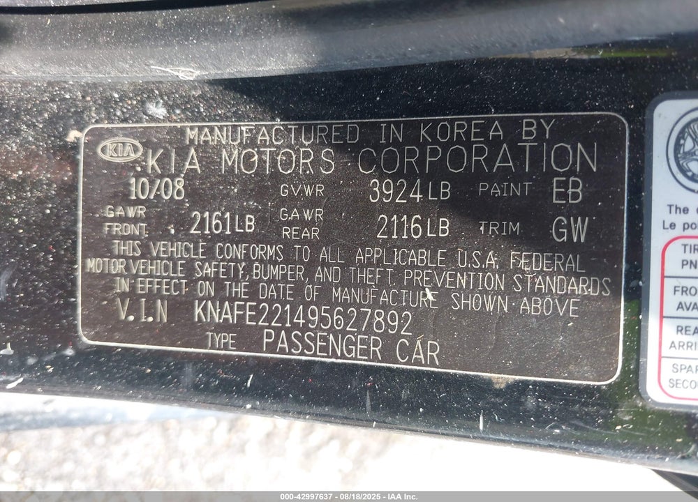 2009 KIA SPECTRA VIN: KNAFE221495627892