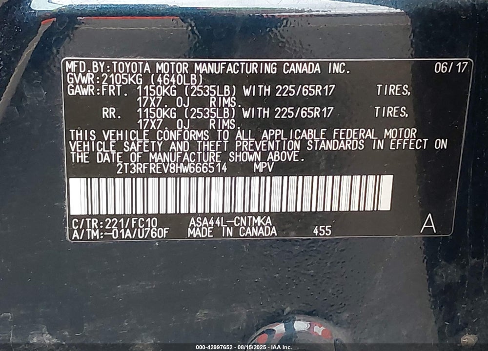 2017 TOYOTA RAV4 VIN: 2T3RFREV8HW666514