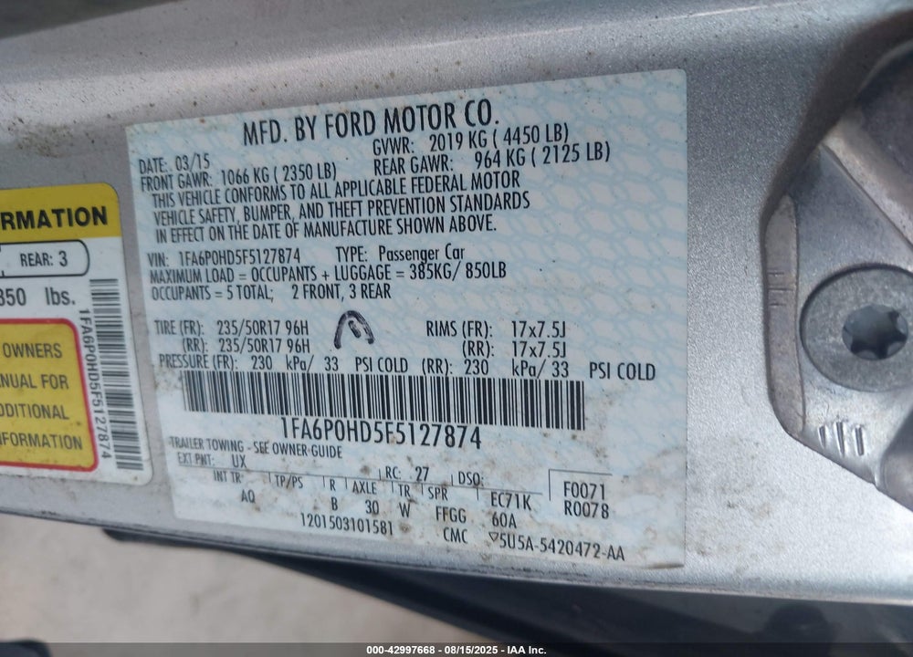 2015 FORD FUSION SE VIN: 1FA6P0HD5F5127874
